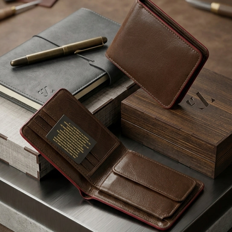 Signature Top-Grain Genuine Leather Bi-Fold Wallet – Slim Executive Design with Luxury Wooden Gift Box Pack