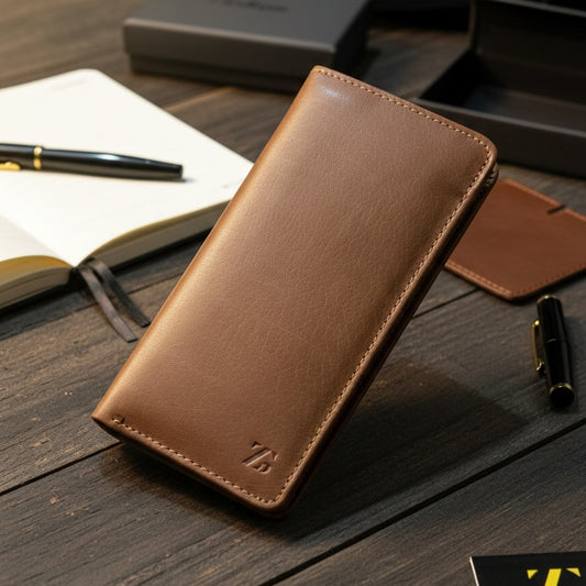Signature Genuine Leather Long Vertical Wallet for Men – Handcrafted Full-Grain Executive Travel Wallet
