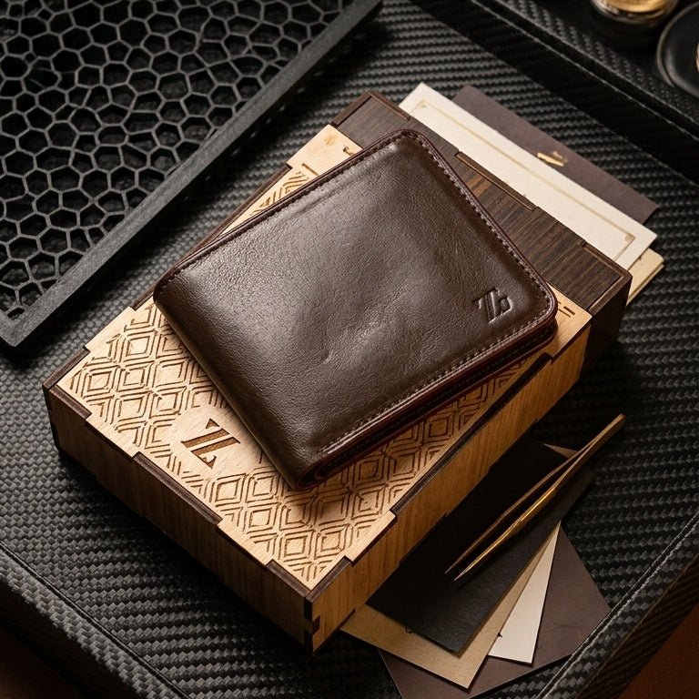 Signature Top-Grain Genuine Leather Bi-Fold Wallet – Slim Executive Design with Luxury Wooden Gift Box Pack