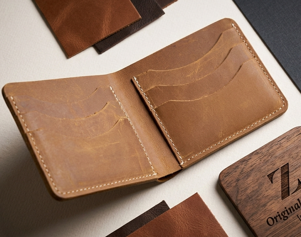 Raw Character Genuine Leather Wallet – Full-Grain Bi-Fold with Natural Leather Markings & Premium Box