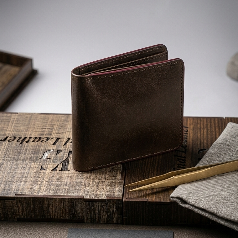 Signature Top-Grain Genuine Leather Bi-Fold Wallet – Slim Executive Design with Luxury Wooden Gift Box Pack