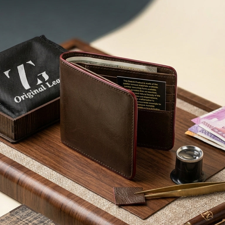 Signature Top-Grain Genuine Leather Bi-Fold Wallet – Slim Executive Design with Luxury Wooden Gift Box Pack