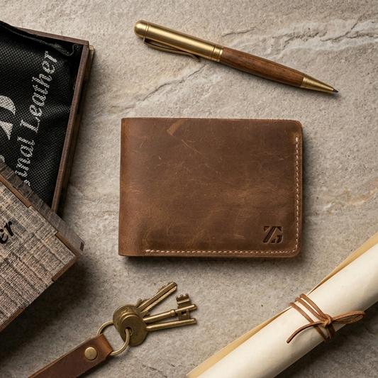 Raw Character Genuine Leather Wallet – Full-Grain Bi-Fold with Natural Leather Markings & Premium Box