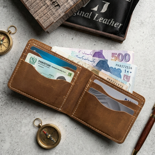 Raw Character Genuine Leather Wallet – Full-Grain Bi-Fold with Natural Leather Markings & Premium Box